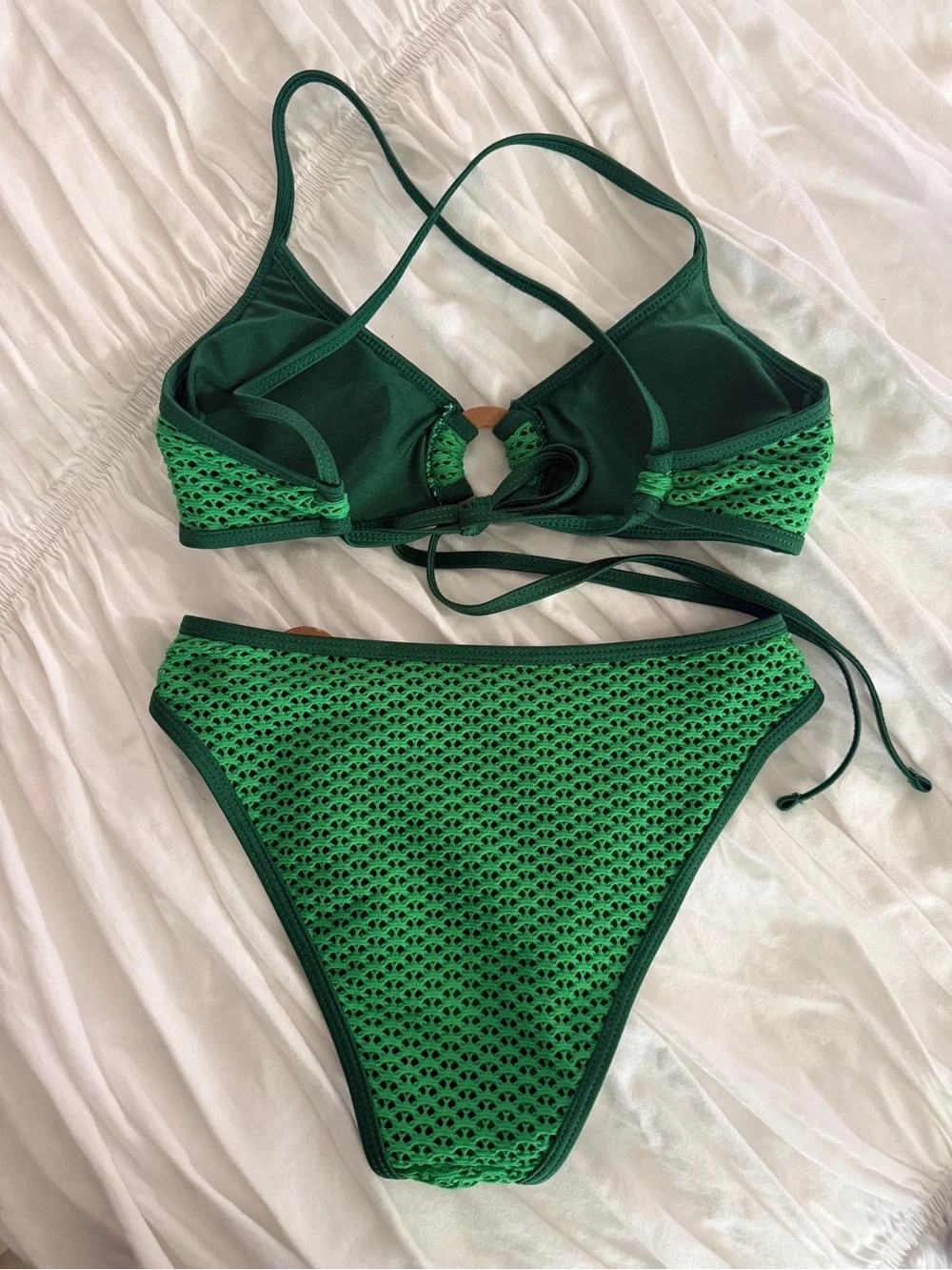 Samiol Green Crochet Mesh Ring Bikini Set Medium Coverage Bottom Size S